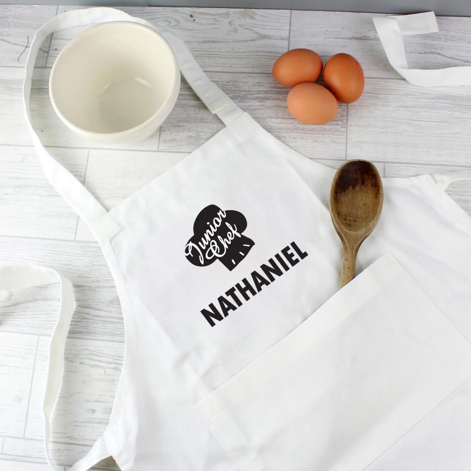 P0510E12 Personalised Children's 'Junior Chef' White Apron Personalised Children's 'Junior Chef' White Apron - Image 1
