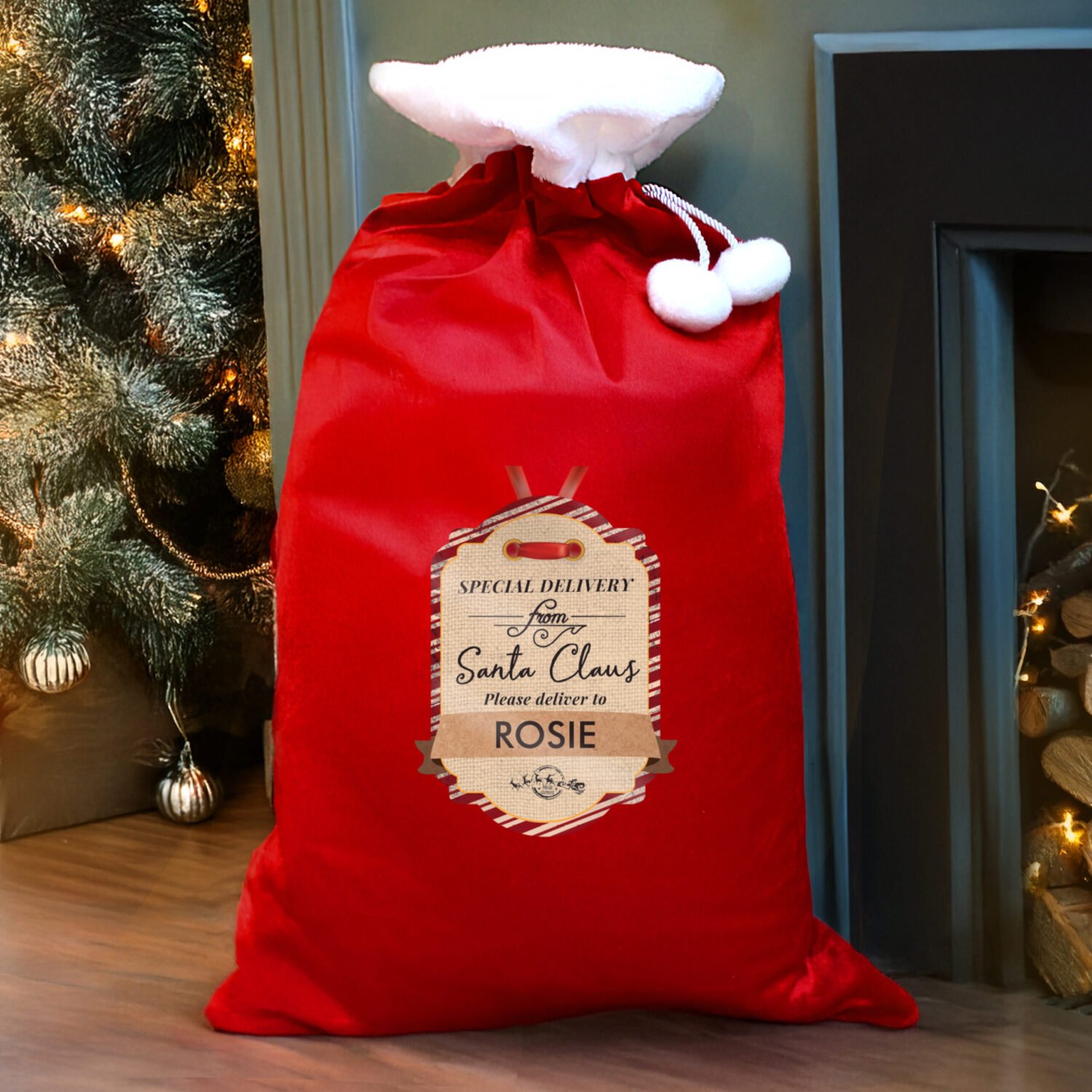 P0510G02 Personalised 'Special Delivery' Luxury Red Pom Pom Christmas Sack Revised Personalised 'Special Delivery' Luxury Red Pom Pom Christmas Sack - Image 1