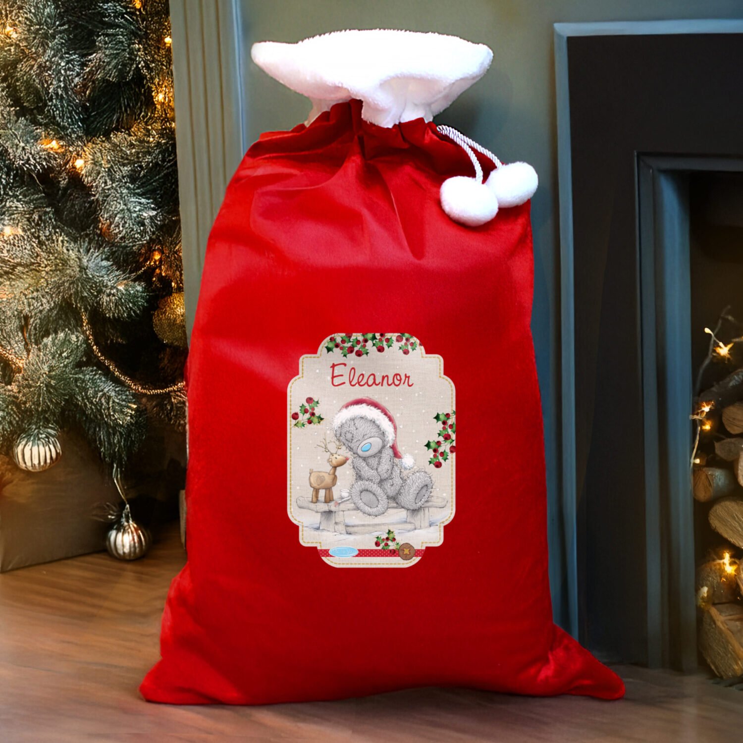 P0510G08 Personalised Me to You Reindeer Luxury Red Pom Pom Christmas Sack Revised Personalised Me to You Reindeer Luxury Red Pom Pom Christmas Sack - Image 1