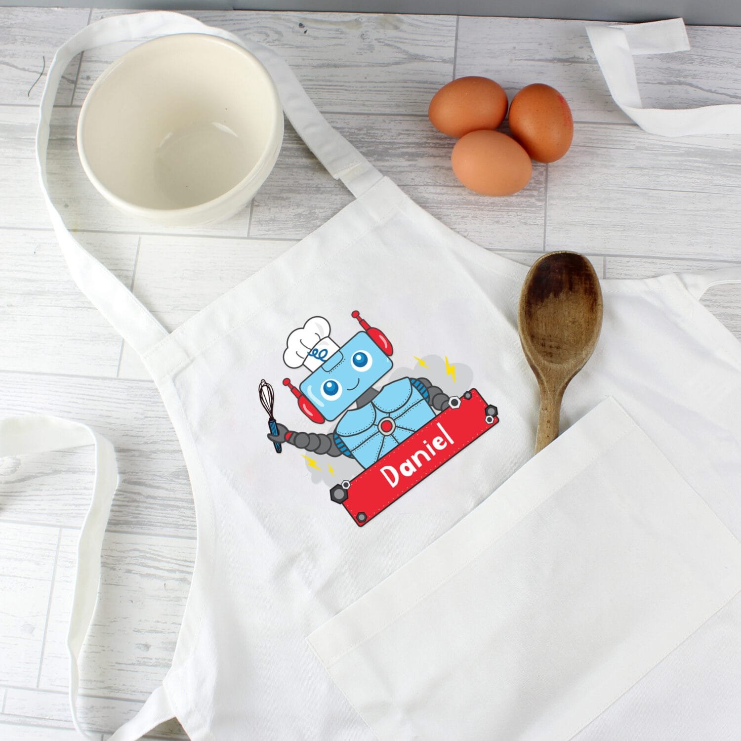 P0510G85 Personalised Children's Robot Design White Apron Personalised Children's Robot Design White Apron - Image 1