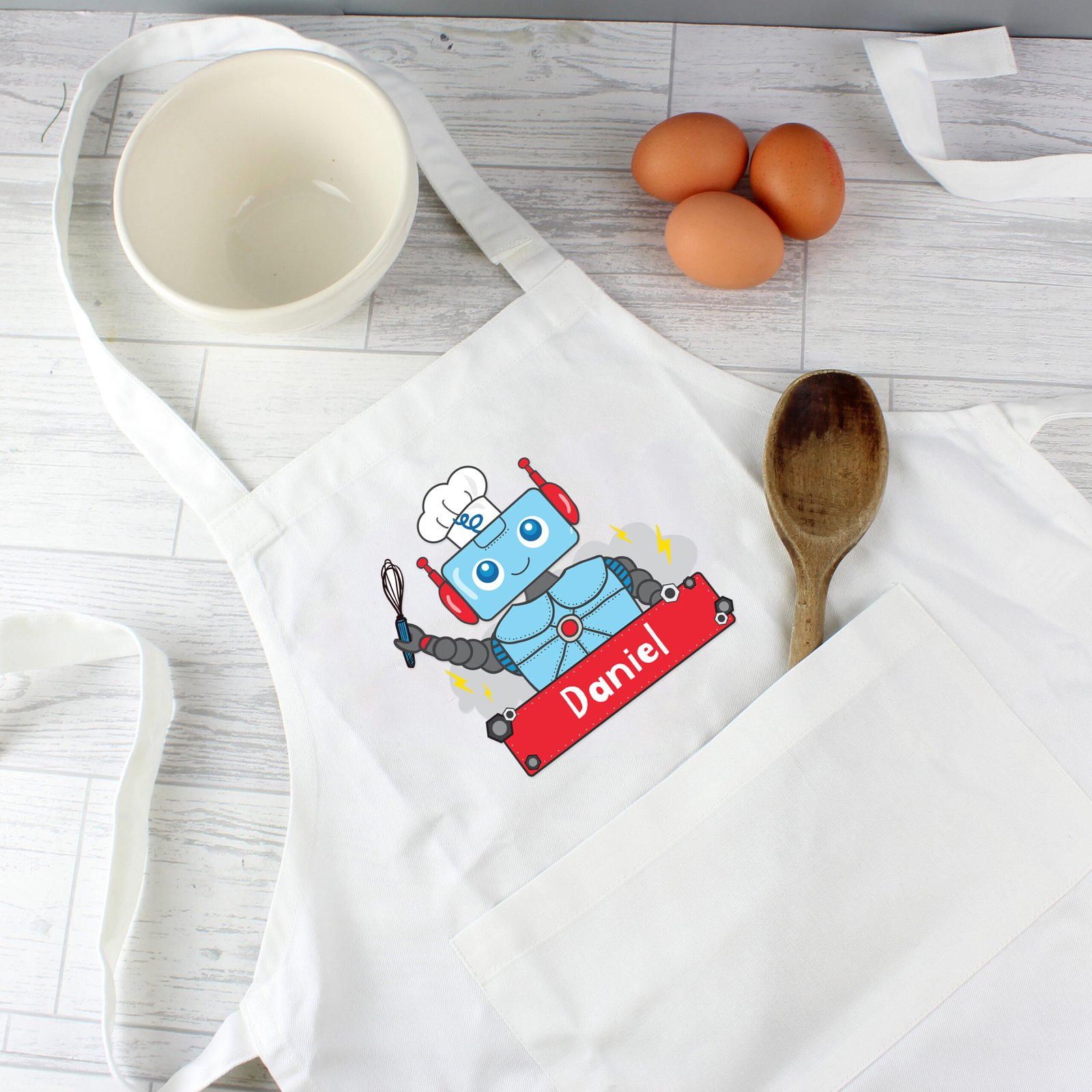 P0510G85 Personalised Children's Robot Design White Apron Personalised Children's Robot Design White Apron - Image 1