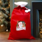 Personalised Santa & Reindeer Design Luxury Red Pom Pom Christmas Sack