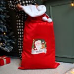 Personalised Santa & Reindeer Design Luxury Red Pom Pom Christmas Sack - Image 2