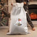 Personalised Rocking Horse Design Luxury Grey Pom Pom Christmas Sack