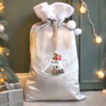 Personalised Rocking Horse Design Luxury Grey Pom Pom Christmas Sack - Image 2