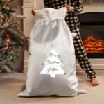 Personalised Christmas Tree Design 'Merry Christmas' Luxury Grey Pom Pom Christmas Sack