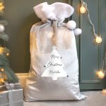 Personalised Christmas Tree Design 'Merry Christmas' Luxury Grey Pom Pom Christmas Sack - Image 4