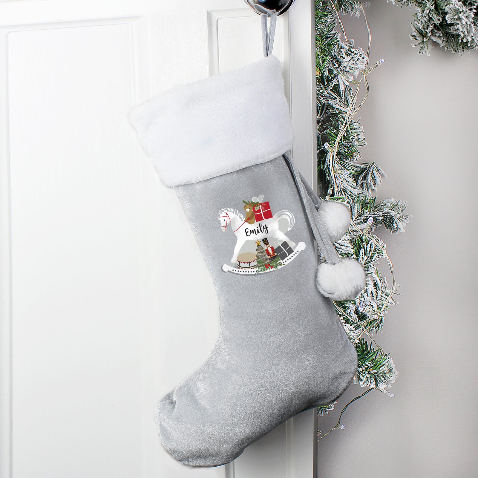 P0510H36 Personalised Rocking Horse Design Luxury Grey Pom Pom Christmas Stocking Personalised Rocking Horse Design Luxury Grey Pom Pom Christmas Stocking - Image 1