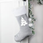 Personalised Christmas Tree Design 'Merry Christmas' Luxury Grey Pom Pom Christmas Stocking