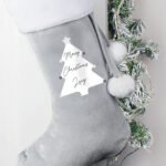 Personalised Christmas Tree Design 'Merry Christmas' Luxury Grey Pom Pom Christmas Stocking - Image 3