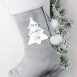 Personalised Christmas Tree Design 'Merry Christmas' Luxury Grey Pom Pom Christmas Stocking - Image 3