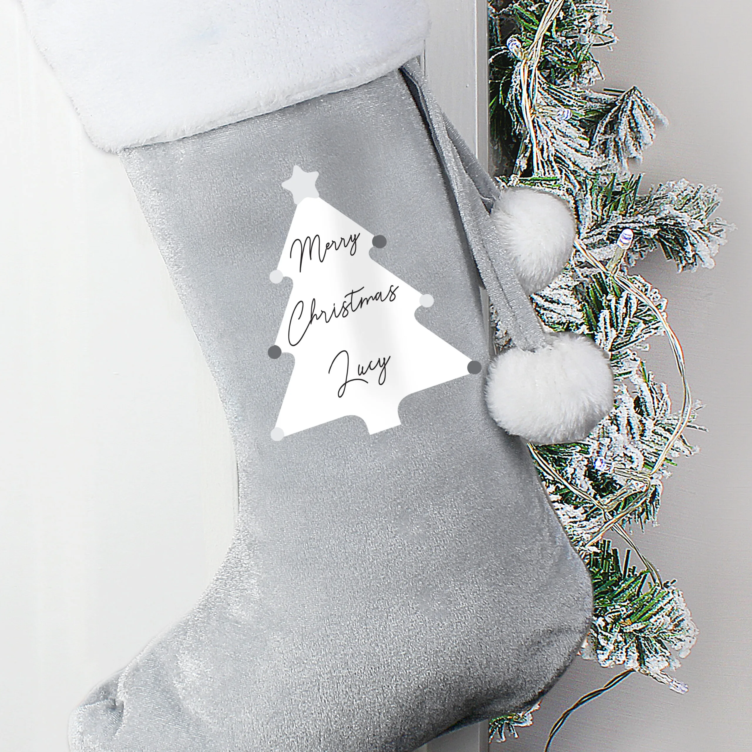 Personalised Christmas Tree Design 'Merry Christmas' Luxury Grey Pom Pom Christmas Stocking - Image 3