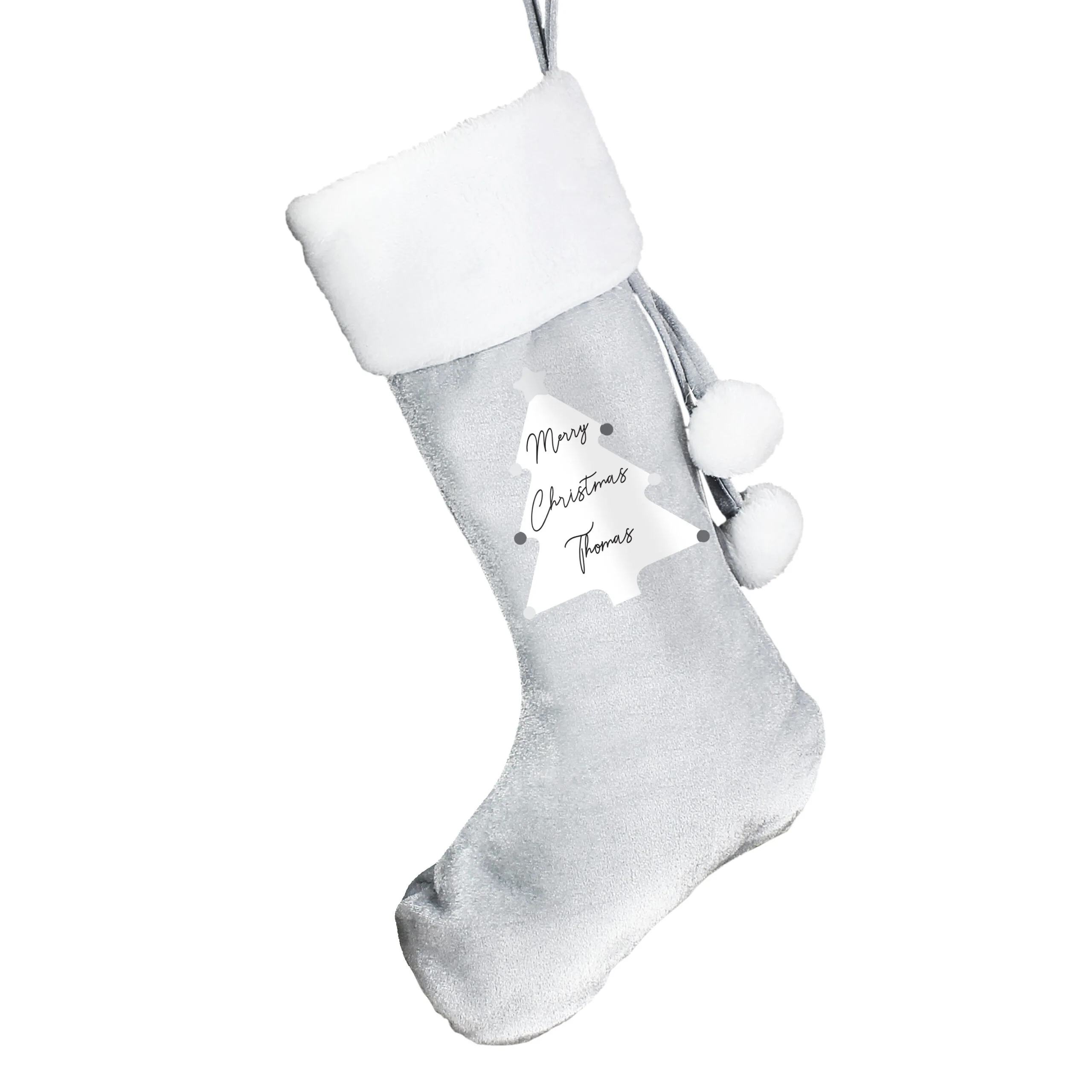 Personalised Christmas Tree Design 'Merry Christmas' Luxury Grey Pom Pom Christmas Stocking - Image 4