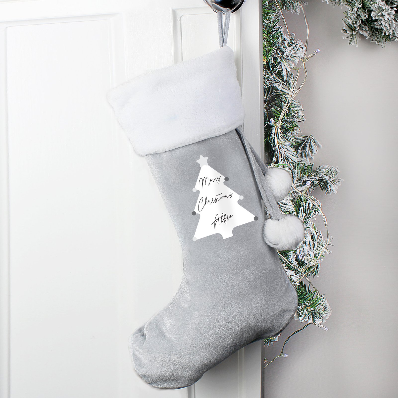 P0510H38 Personalised Christmas Tree Design 'Merry Christmas' Luxury Grey Pom Pom Christmas Stocking Personalised Christmas Tree Design 'Merry Christmas' Luxury Grey Pom Pom Christmas Stocking - Image 1