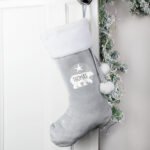Personalised Polar Bear Motif Luxury Grey Pom Pom Christmas Stocking