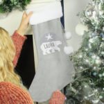 Personalised Polar Bear Motif Luxury Grey Pom Pom Christmas Stocking - Image 2