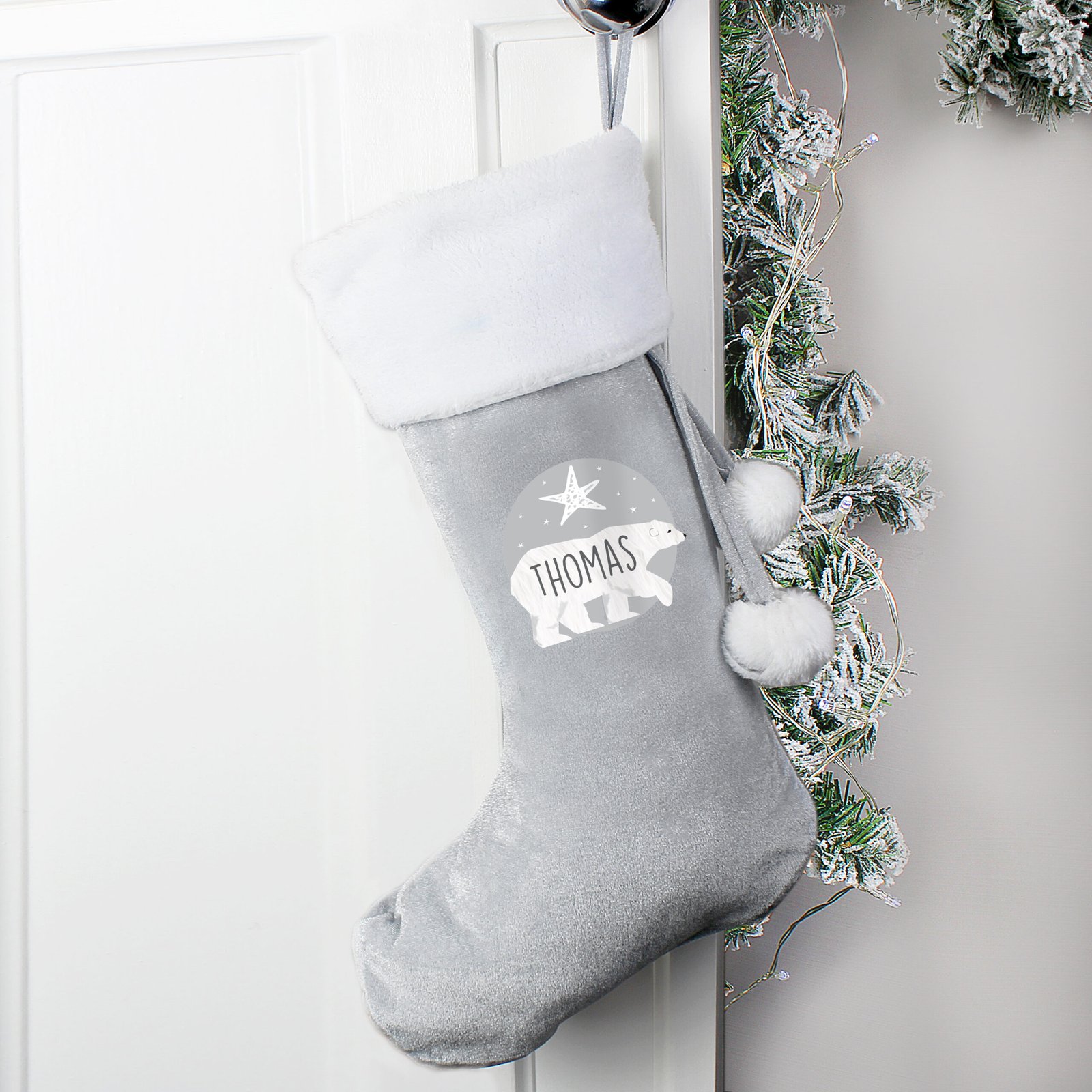 P0510H39 Personalised Polar Bear Motif Luxury Grey Pom Pom Christmas Stocking Personalised Polar Bear Motif Luxury Grey Pom Pom Christmas Stocking - Image 1