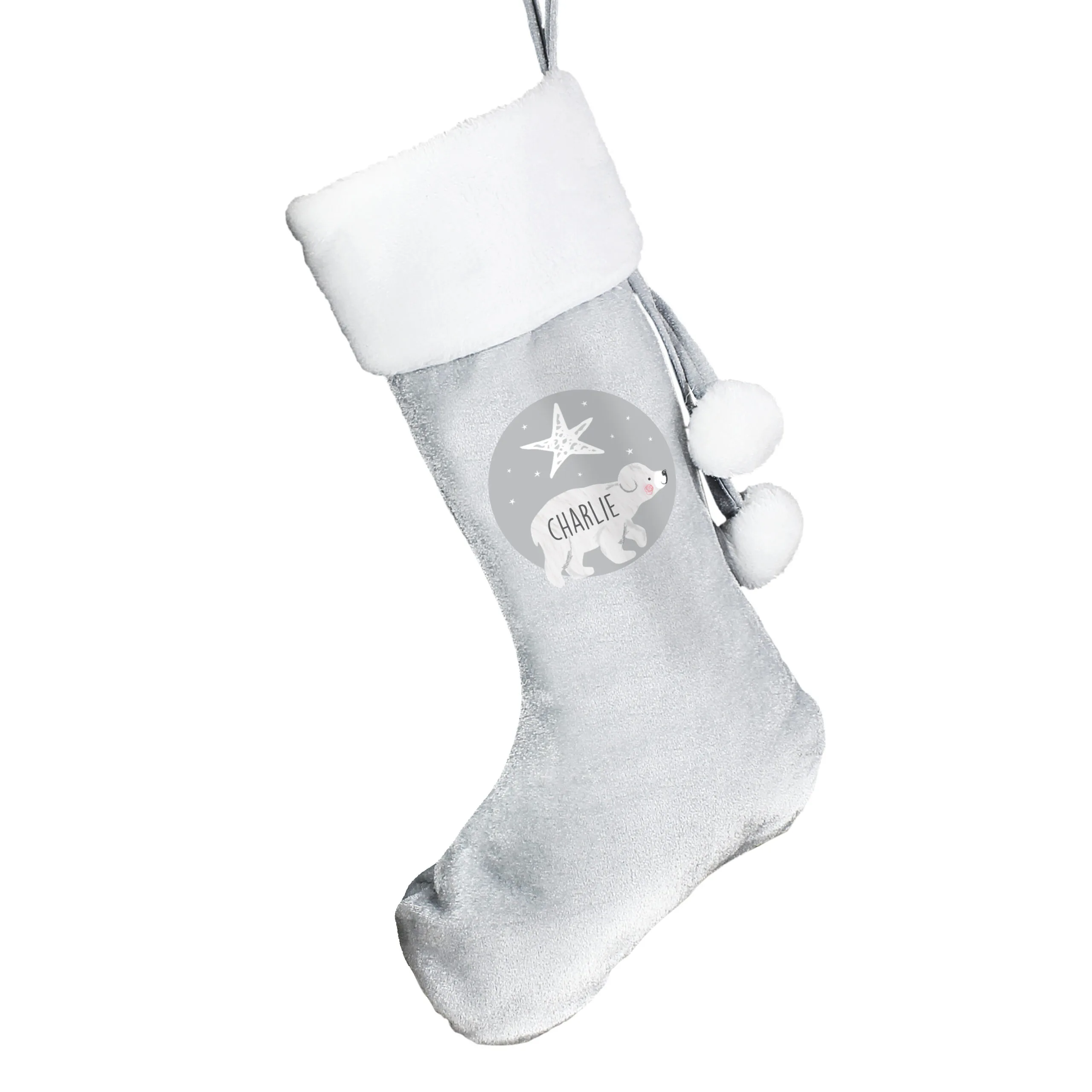 Personalised Baby Polar Bear Design Luxury Grey Pom Pom Christmas Stocking - Image 4