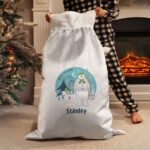 Personalised The Snowman and the Snowdog Luxury Grey Pom Pom Christmas Sack