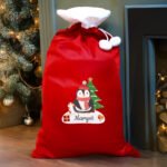 Personalised Penguin & Tree Design Luxury Red Pom Pom Christmas Sack