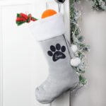 Personalised Pet Paw Print Motif Luxury Grey Pom Pom Christmas Stocking - Image 3