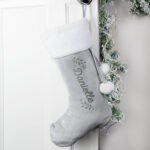 Personalised Name Only Holly Design Luxury Grey Pom Pom Christmas Stocking - Image 3