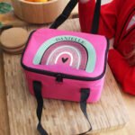 Personalised Children's Rainbow Design Pink Lunch Bag