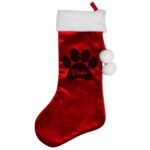 Personalised Pet Paw Print Motif Luxury Red Pom Pom Christmas Stocking - Image 5