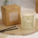 Personalised 'Happy 50th Anniversary' Golden Scented Frosted Glass Jar Candle - Image 2