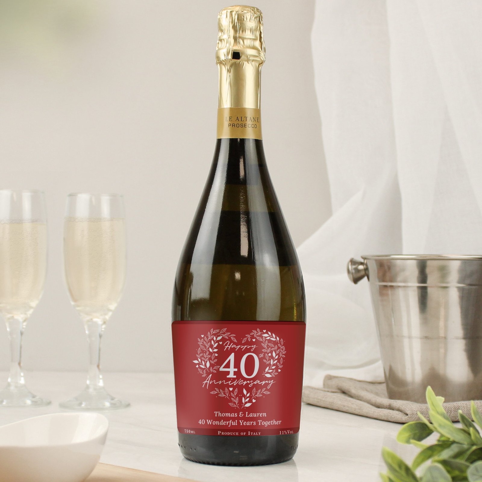 P0512AF49 Personalised 'Happy 40th Anniversary' Ruby Heart Design Bottle of Prosecco Personalised 'Happy 40th Anniversary' Ruby Heart Design Bottle of Prosecco - Image 1