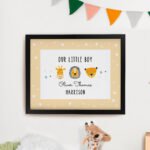 Personalised New Baby Scandi Animals Design Black Framed Poster