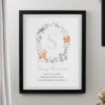 Personalised New Baby Initial Woodland Animals Design Black Framed Poster