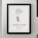 Personalised New Baby Teddy & Balloons Design Black Framed Poster