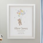 Personalised New Baby Teddy & Balloons Design White Framed Poster