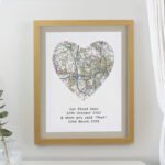 Personalised Present Day Map Heart Design Oak Framed Poster