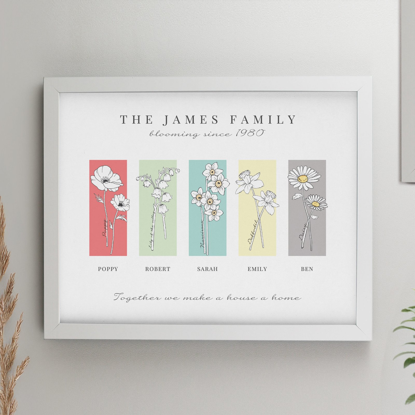 P0512AH34 Personalised Birth Flower Design Family of 5 White Framed Print Personalised Birth Flower Design Family of 5 White Framed Print - Image 1
