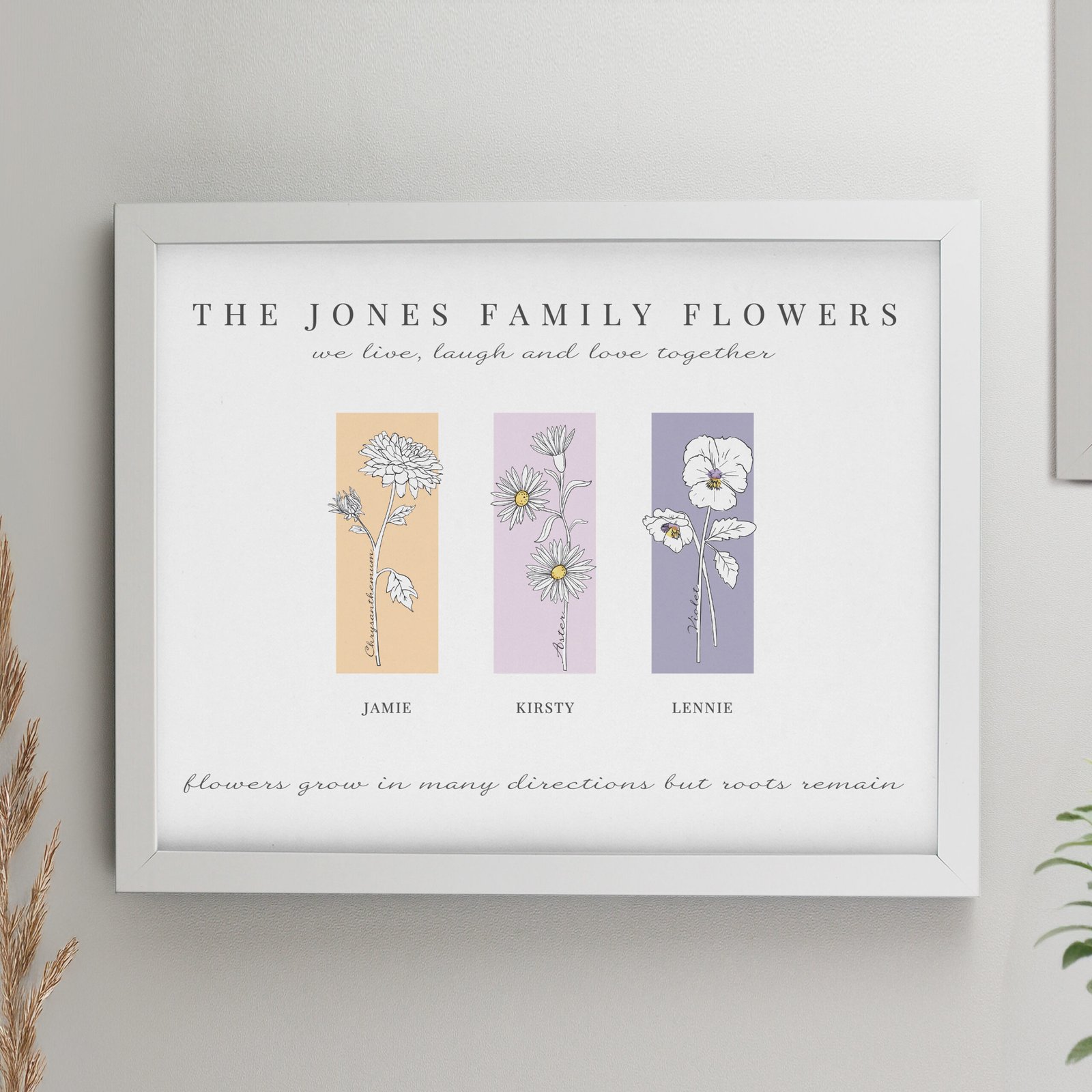 P0512AH36 Personalised Birth Flower Design Family of 3 White Framed Print Personalised Birth Flower Design Family of 3 White Framed Print - Image 1