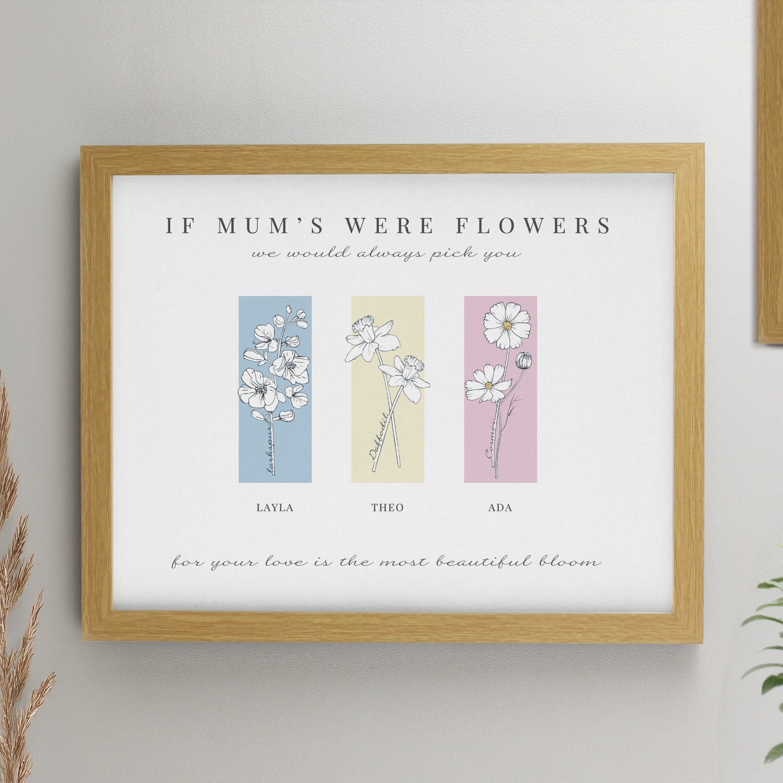 P0512AH40 Personalised Birth Flower Design Family of 3 Oak Framed Print Personalised Birth Flower Design Family of 3 Oak Framed Print - Image 1