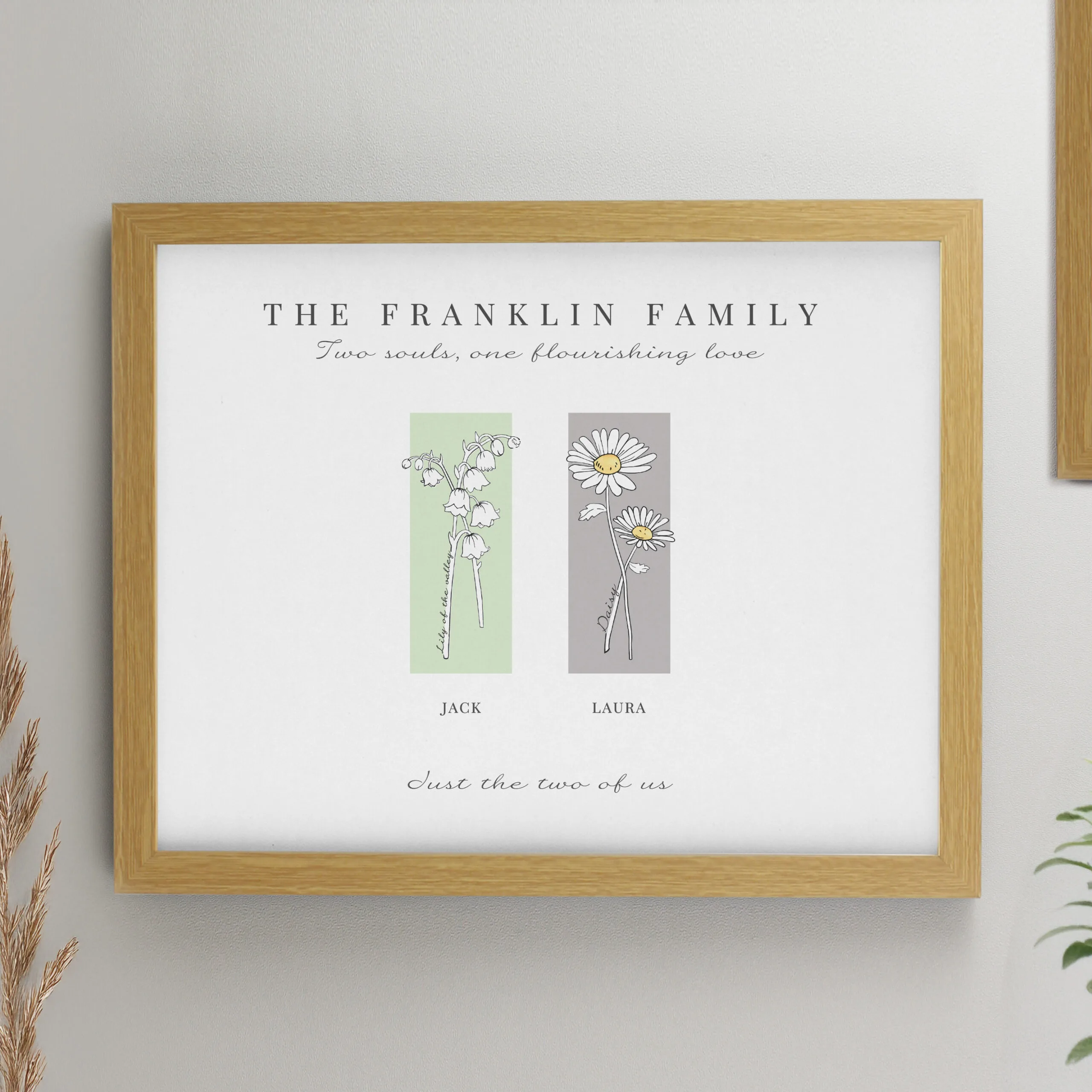 P0512AH41 Personalised Birth Flower Family of 2 Oak Framed Print Personalised Birth Flower Family of 2 Oak Framed Print - Image 1