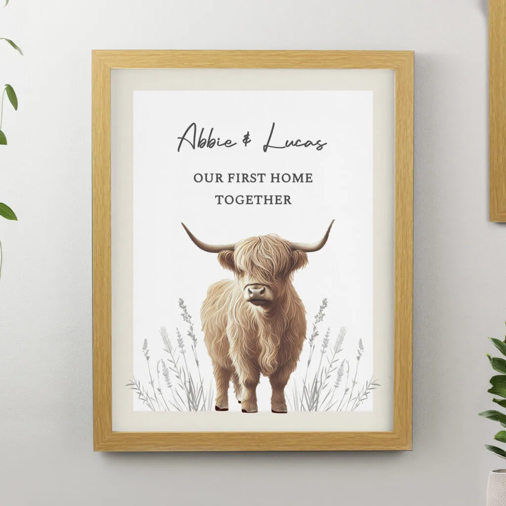 P0512AH96 Personalised Highland Cow Design Oak Framed Poster
