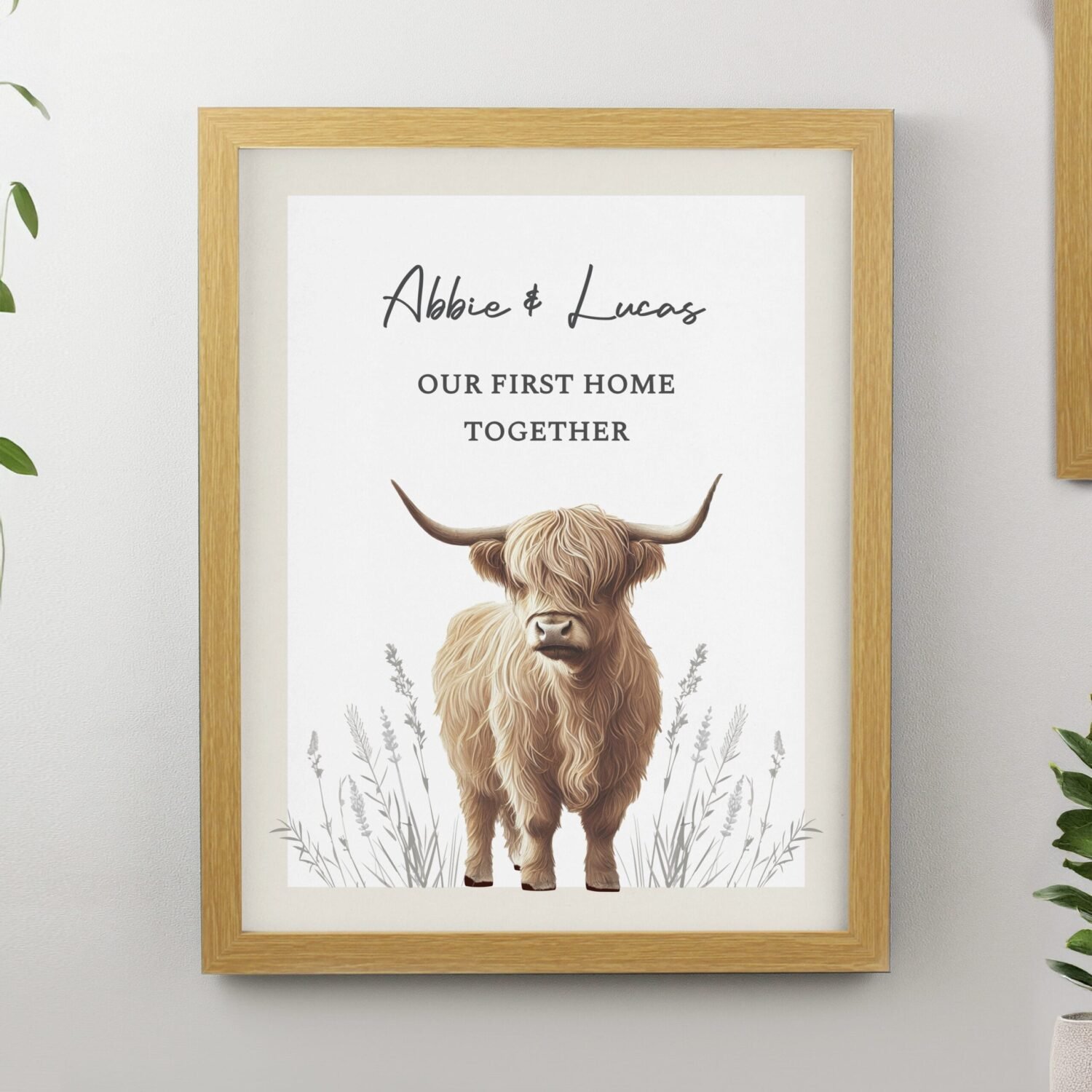P0512AH96 Personalised Highland Cow Design Oak Framed Poster Personalised Highland Cow Design Oak Framed Poster - Image 1