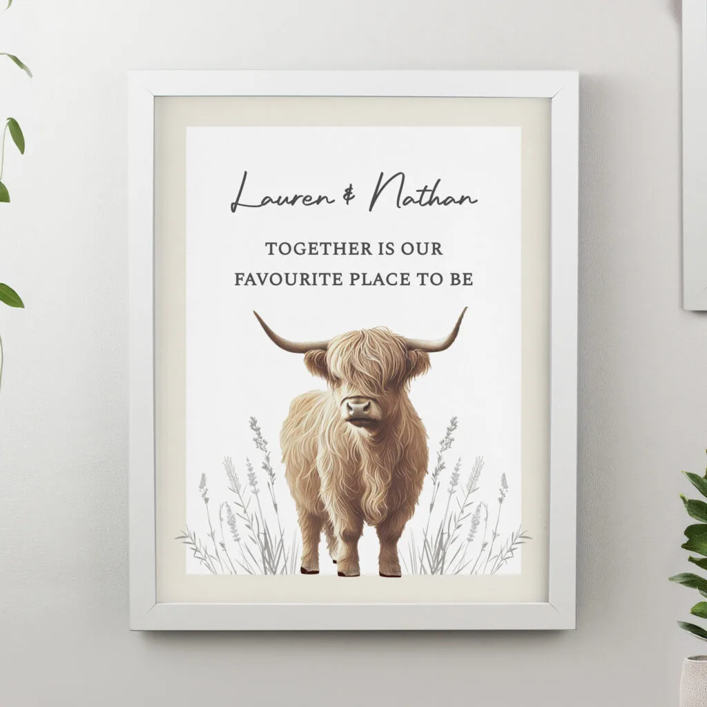 P0512AH97 Personalised Highland Cow Design White Framed Poster
