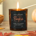 Personalised Pumpkin Design Halloween Scented Amber Glass Jar Candle