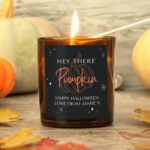 Personalised Pumpkin Design Halloween Scented Amber Glass Jar Candle - Image 4