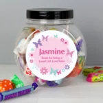 Personalised Any Message Butterflies & Flowers Design Sweet Jar
