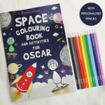 Personalised Children's Space Themed Colouring Book with Pencil Crayons