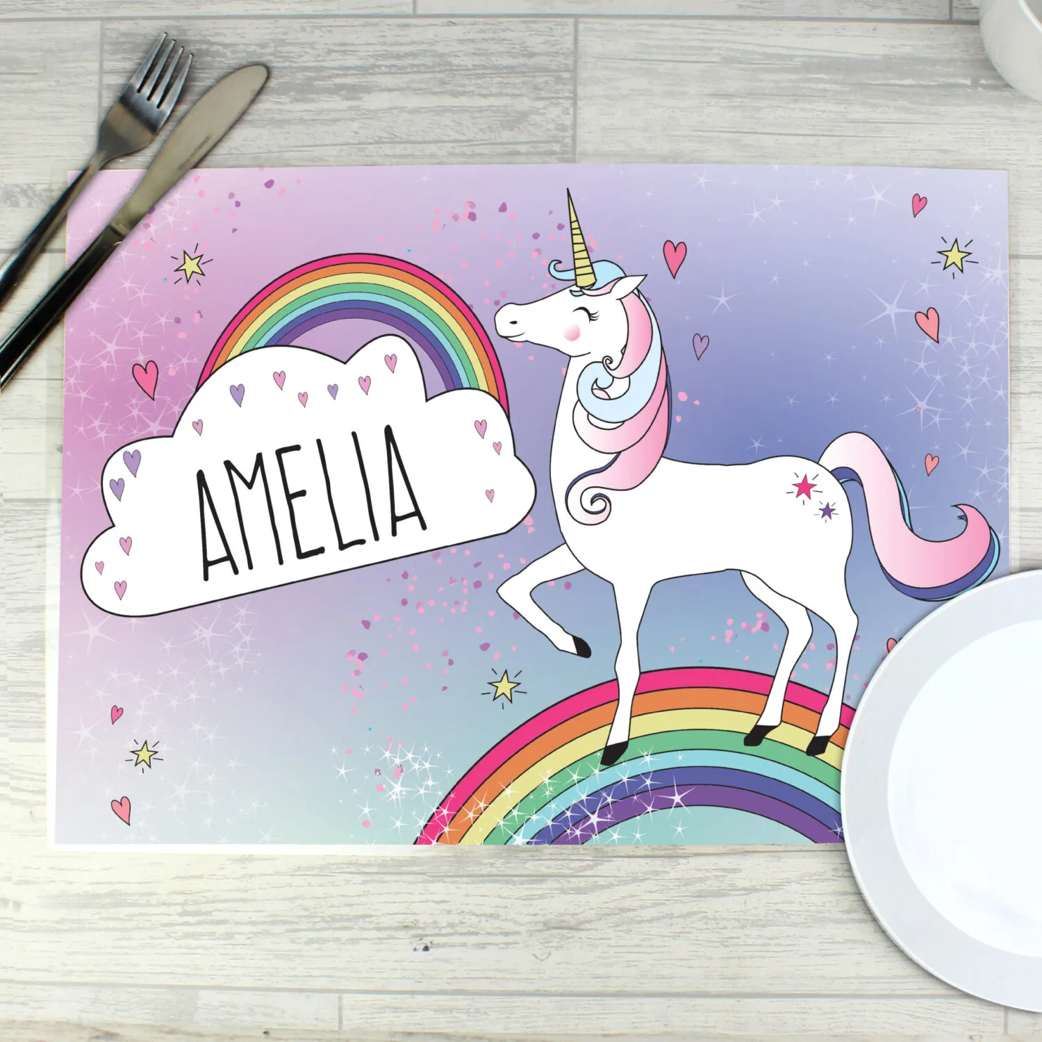 P0512Z20 Personalised Children's Rainbow Unicorn Design Placemat Personalised Children's Rainbow Unicorn Design Placemat - Image 1