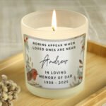Personalised 'Robins Appear...' Memorial Scented Frosted Glass Jar Candle