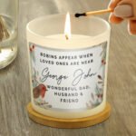 Personalised 'Robins Appear...' Memorial Scented Frosted Glass Jar Candle - Image 3