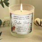 Personalised 'Robins Appear...' Memorial Scented Frosted Glass Jar Candle - Image 4